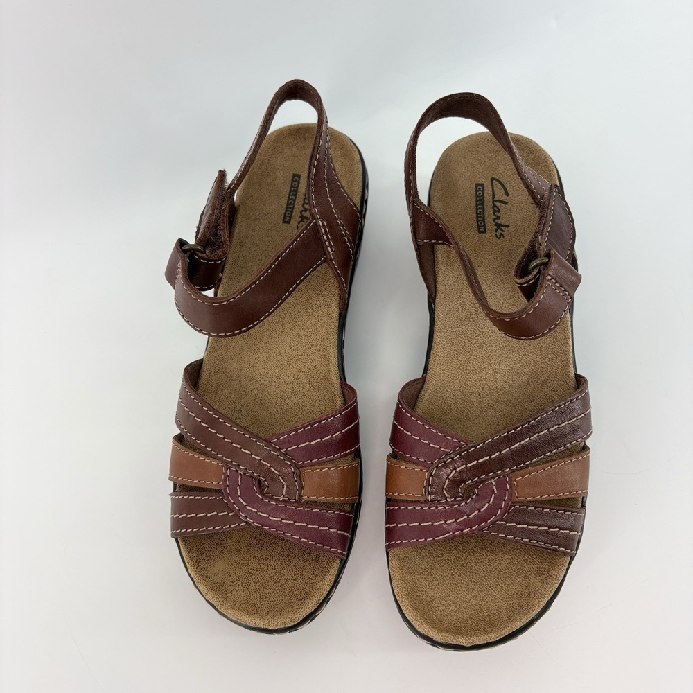 Clarks Collection Women's Sz 6 Brown Leather Adjustable Comfort Walking Sandals - Picture 2 of 13